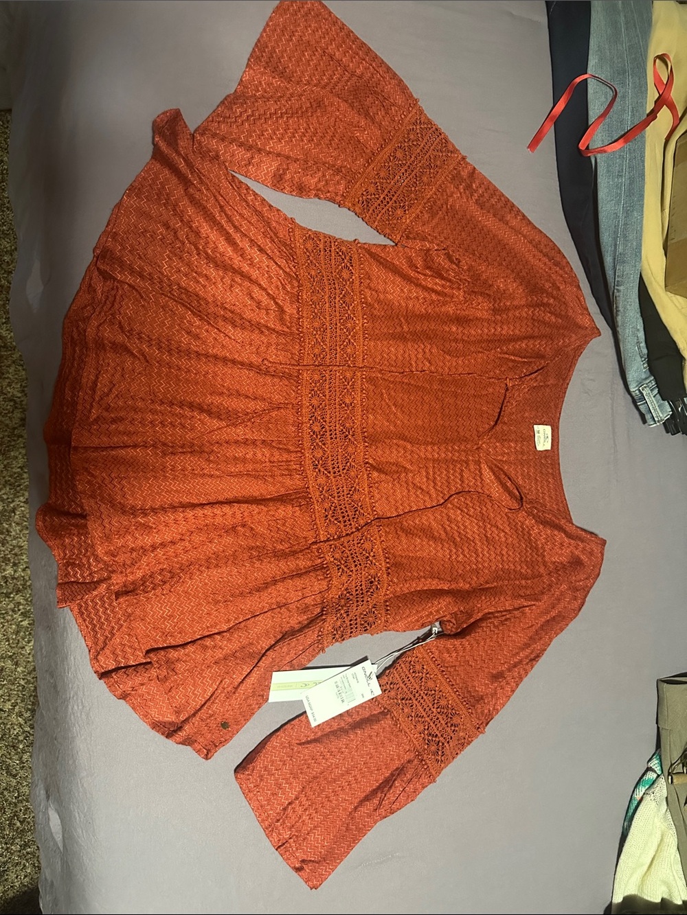 Women’s Rust Orange Crochet-Trim Peasant Top